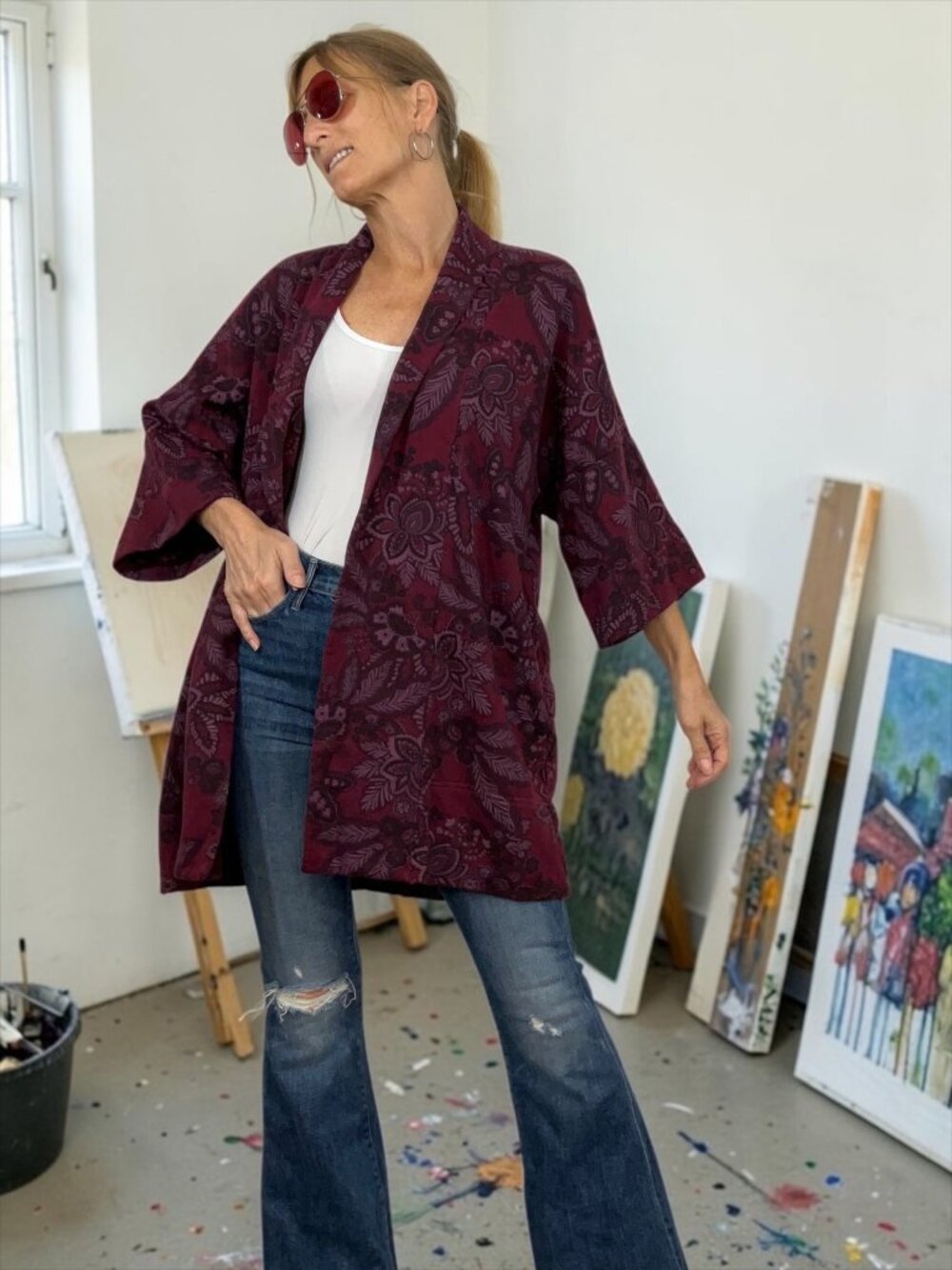 Bryn Walker Margo Coat Cardigan Kimono M Purple Floral Organic Bamboo Cotton